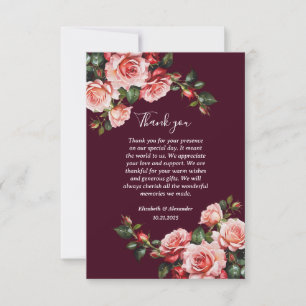 Dark moody pink and red roses burgundy wedding thank you card