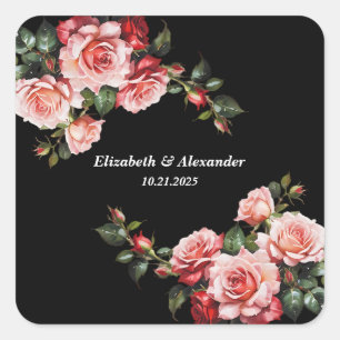 Dark moody pink and red roses floral wedding square sticker