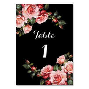 Dark moody pink and red roses floral wedding table number
