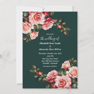 Dark moody pink and red roses green wedding invitation