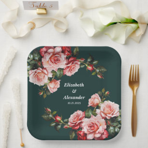 Dark moody pink and red roses green wedding paper plate