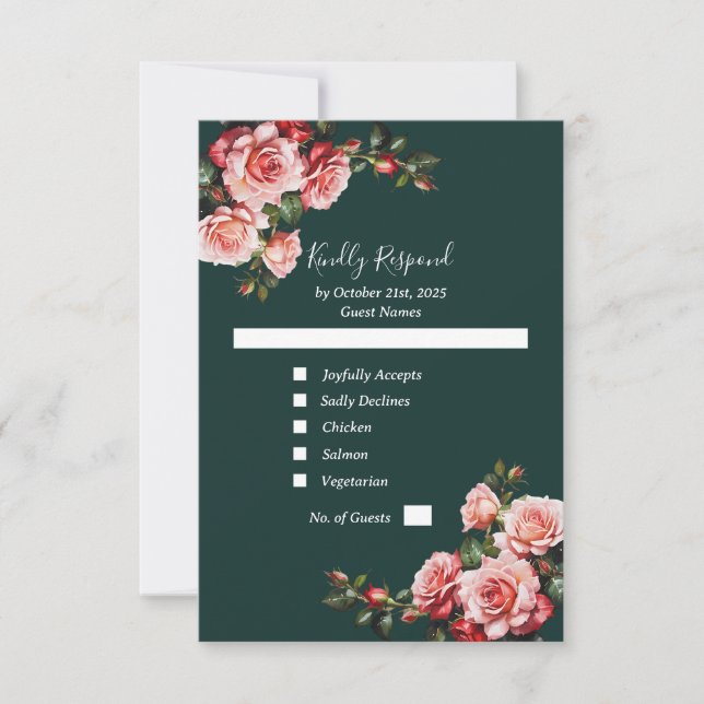 Dark moody pink and red roses green wedding RSVP card (Front)