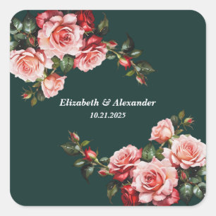 Dark moody pink and red roses green wedding square sticker