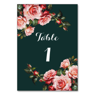 Dark moody pink and red roses green wedding table number