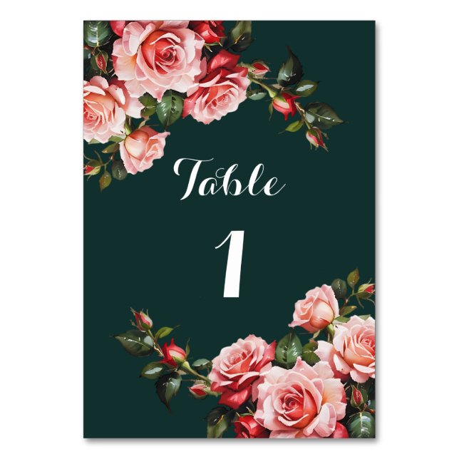 Dark moody pink and red roses green wedding table number (Front)