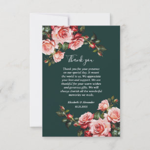 Dark moody pink and red roses green wedding thank you card
