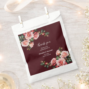 Dark moody pink and red roses maroon wedding favour bag