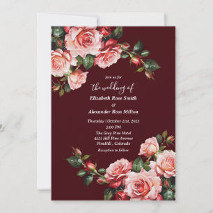 Dark moody pink and red roses maroon wedding invitation