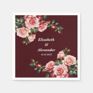 Dark moody pink and red roses maroon wedding napkin