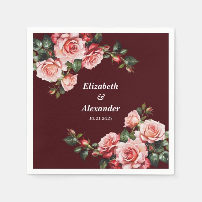 Dark moody pink and red roses maroon wedding napkin (Front)