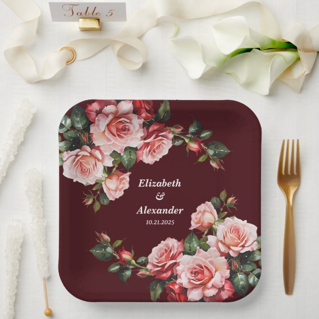 Dark moody pink and red roses maroon wedding paper plate (Wedding)