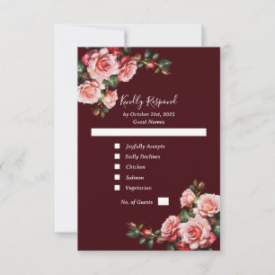 Dark moody pink and red roses maroon wedding RSVP card