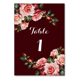 Dark moody pink and red roses maroon wedding table number