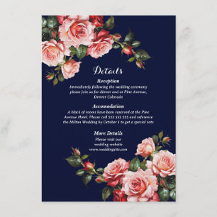Dark moody pink and red roses navy blue wedding enclosure card