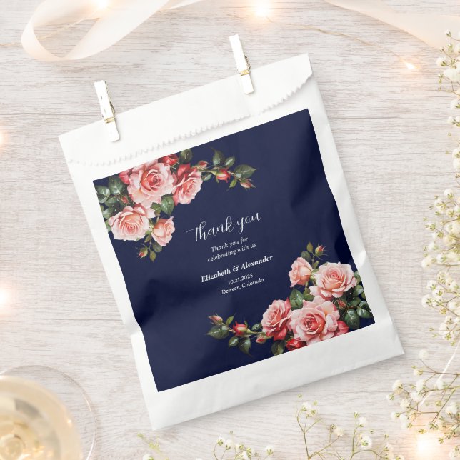 Dark moody pink and red roses navy blue  wedding favour bag (Clipped)