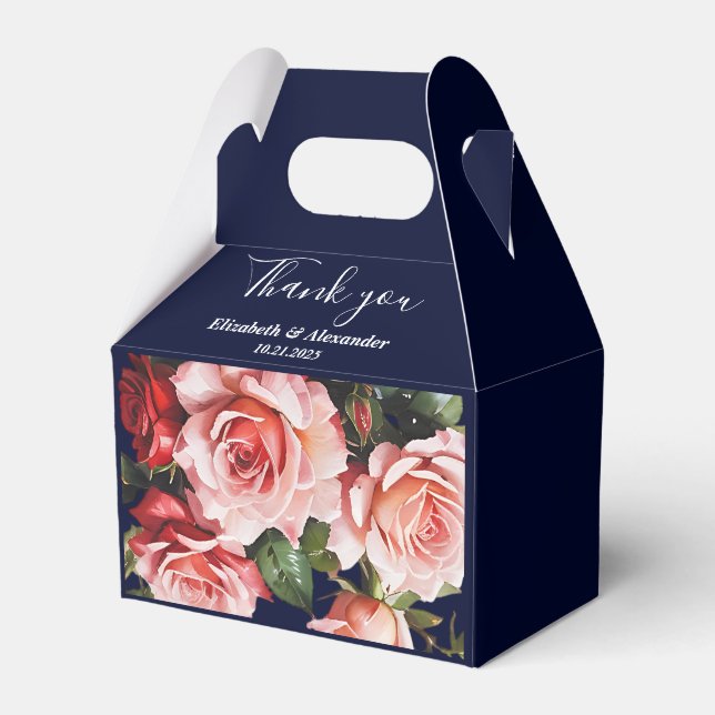 Dark moody pink and red roses navy blue wedding  favour box (Front Side)