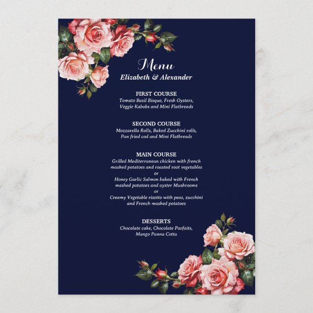 Dark moody pink and red roses navy blue wedding menu (Front)