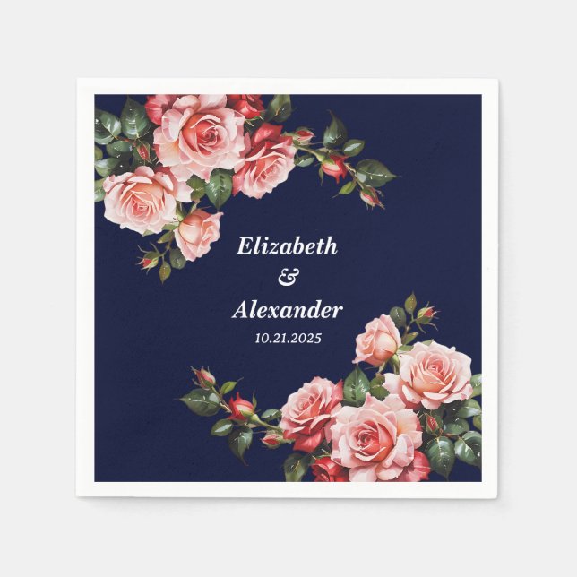 Dark moody pink and red roses navy blue wedding  napkin (Front)