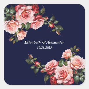 Dark moody pink and red roses navy blue wedding square sticker