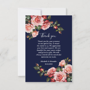 Dark moody pink and red roses navy blue wedding thank you card