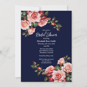 Dark moody pink and red roses navy  bridal shower invitation