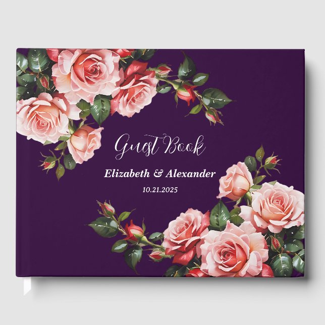 Dark moody pink and red roses purple wedding guest book (Front)