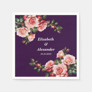Dark moody pink and red roses purple wedding napkin