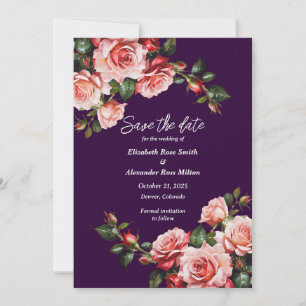 Dark moody pink and red roses purple wedding save the date