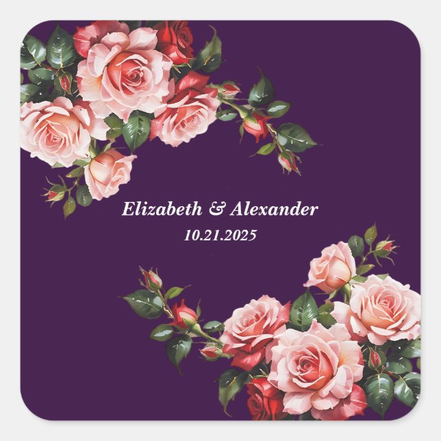 Dark moody pink and red roses purple wedding square sticker (Front)