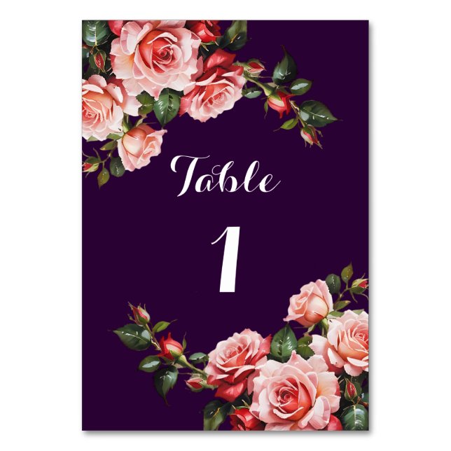 Dark moody pink and red roses purple wedding table number (Front)