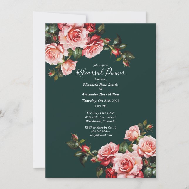 Dark moody pink and red roses Rehearsal Dinner Invitation (Front)