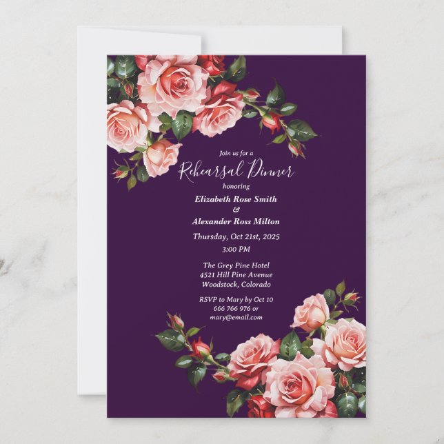 Dark moody pink and red roses Rehearsal Dinner Invitation (Front)