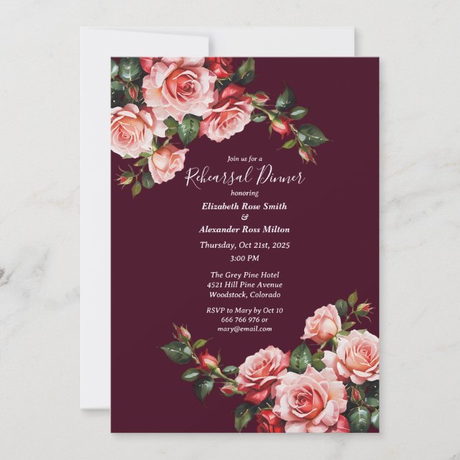 Dark moody pink and red roses Rehearsal Dinner Invitation (Front)
