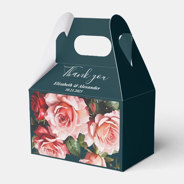 Dark moody pink and red roses teal wedding  favour box (Front Side)