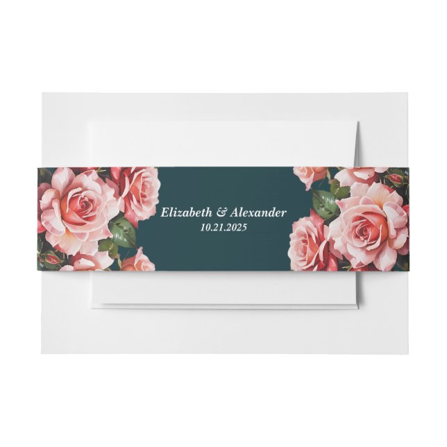 Dark moody pink and red roses teal wedding invitation belly band (Front Example)