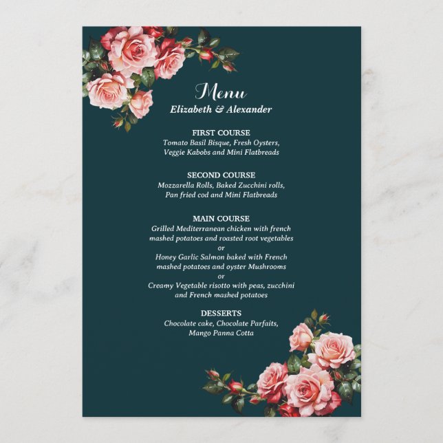 Dark moody pink and red roses teal wedding menu (Front)
