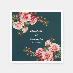 Dark moody pink and red roses teal wedding napkin