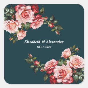 Dark moody pink and red roses teal wedding square sticker