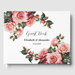 Dark moody pink and red roses  wedding guest book