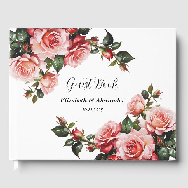 Dark moody pink and red roses  wedding guest book (Front)