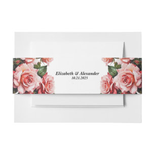 Dark moody pink and red roses wedding invitation belly band