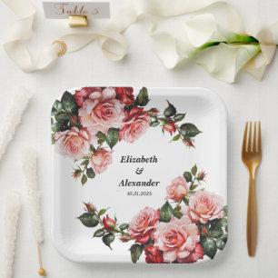 Dark moody pink and red roses wedding paper plate