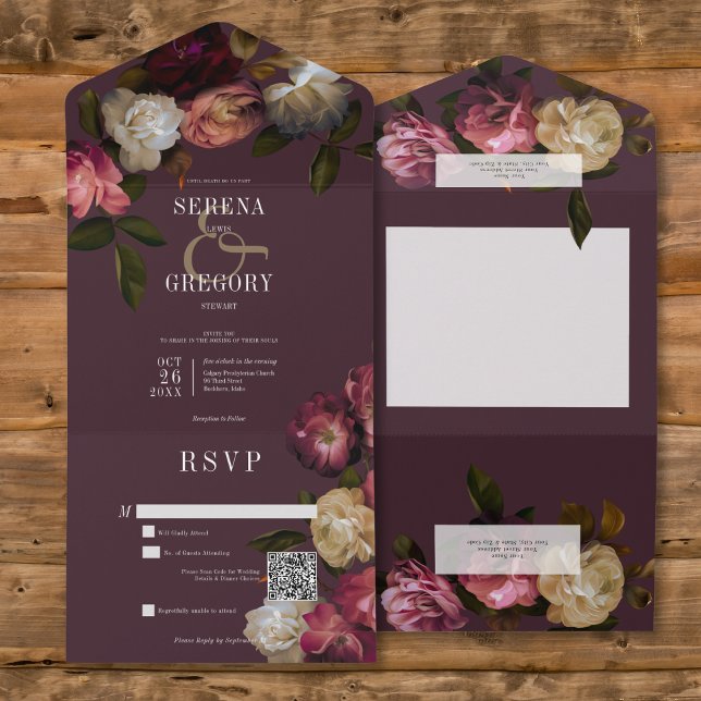 Dark Moody Pink Burgundy & Cream Peonies QR Code All In One Invitation (Dark Moody Pink Burgundy & Cream Peonies All In One Wedding Invitation with QR Code)