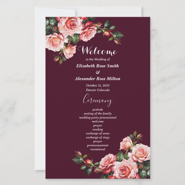 Dark moody pink red roses burgundy wedding program (Front)