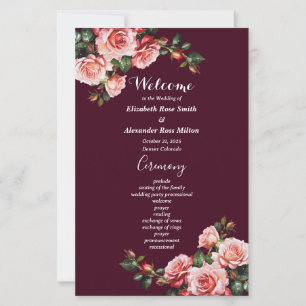 Dark moody pink red roses burgundy wedding program