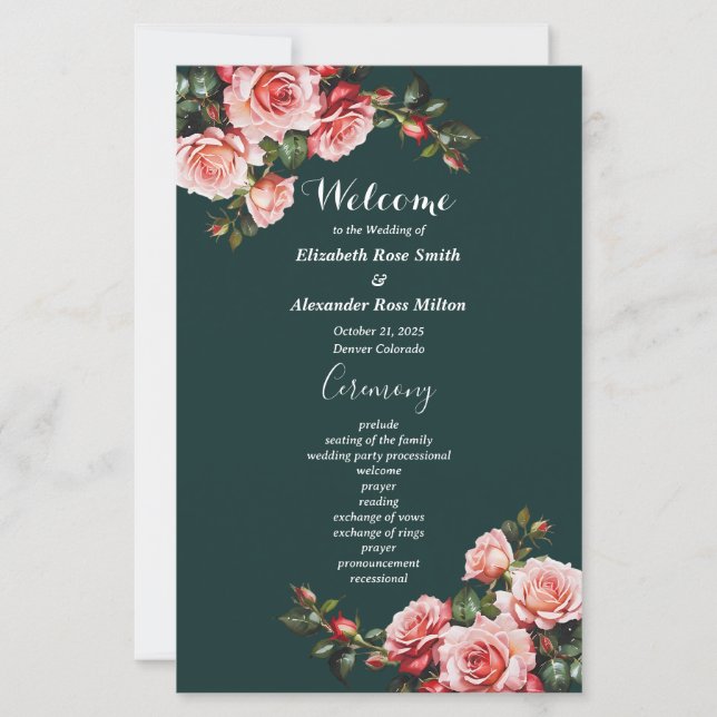 Dark moody pink red roses green wedding program (Front)