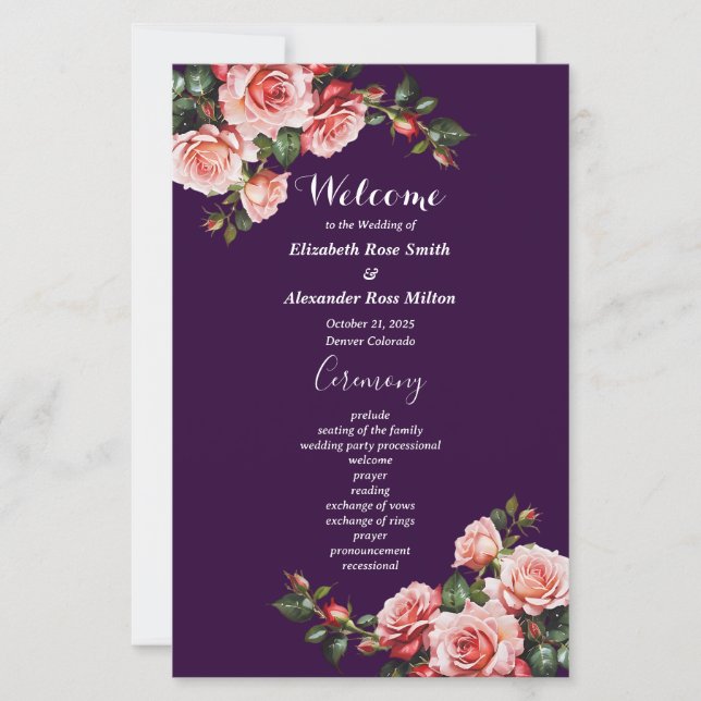Dark moody pink red roses purple wedding program (Front)