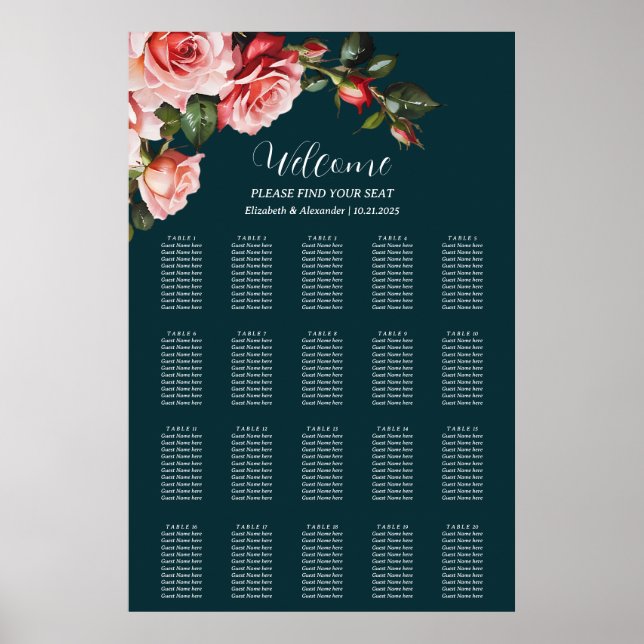 Dark moody pink red roses wedding seating chart (Front)