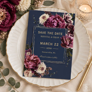 Dark Moody Plum Burgundy Mauve Floral Navy Wedding Save The Date