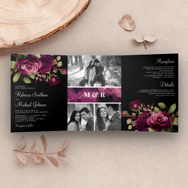 Dark Moody Plum Roses Photo Collage Black Wedding Tri-Fold Invitation (Creator Uploaded)